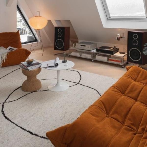 Bright living room in the attic with a minimalist beige carpet featuring black lines.